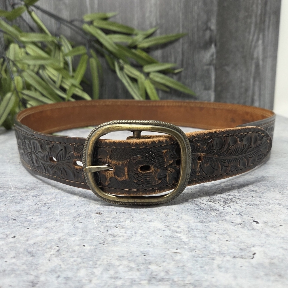 Vintage Textan Tooled Genuine Cowhide Leather Dark Brown Belt